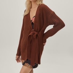 Belted chunky knitted longline cardigan